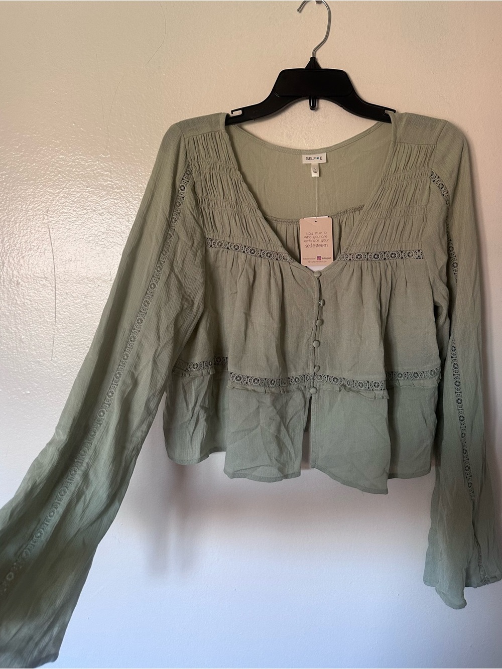 SelfE Sage Green Button-Front Peasant Blouse